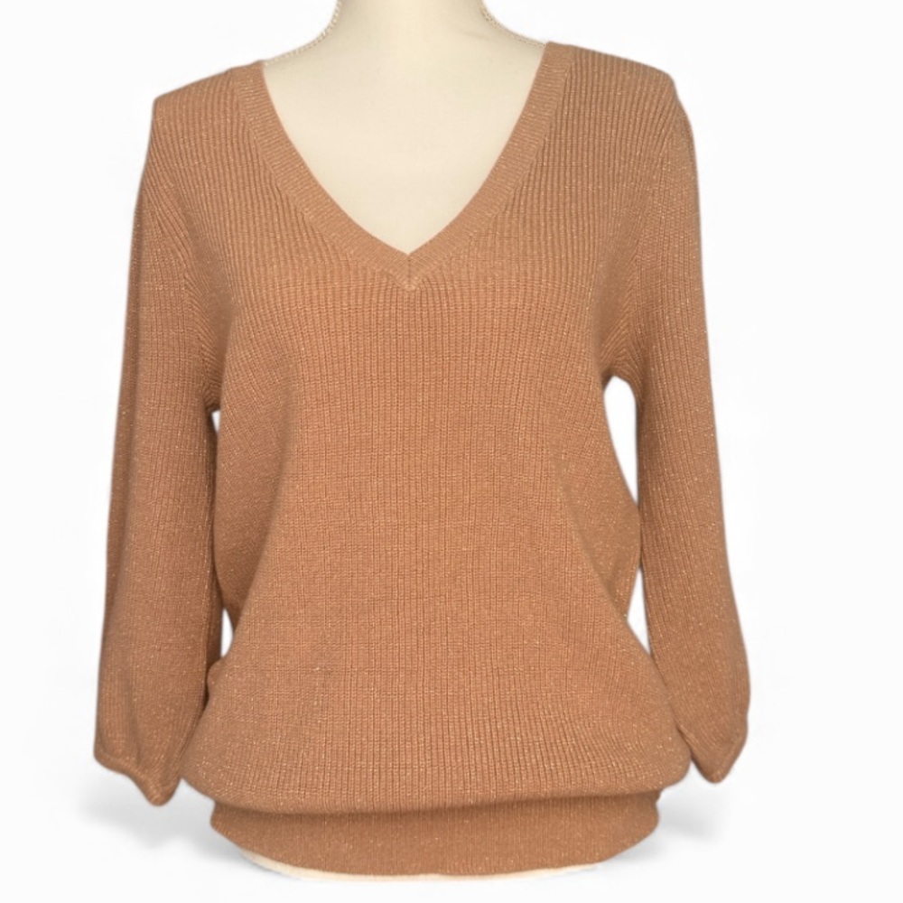 7th Avenue Rose Gold 🆕 Puff Shoulder 3/4 Sleeves V-Neck Sweater 👀 NWOT Sz Large